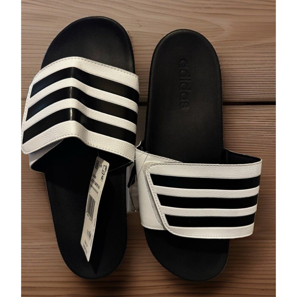 NWT Adidas Adilette Comfort Adjustable Slides - Men’s Black/White Striped Sandal